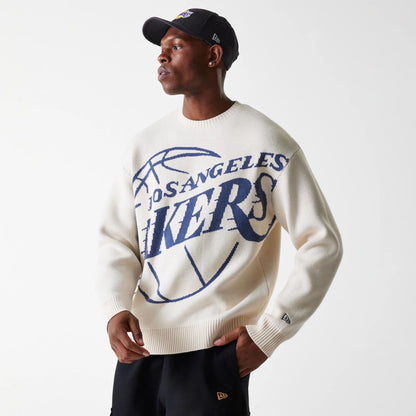 The Male model is wearing LA Lakers NBA Knit Light Beige Oversized Knit Sweater 2