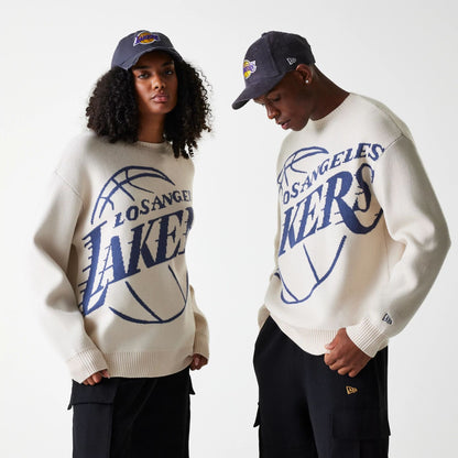 The Male model is wearing LA Lakers NBA Knit Light Beige Oversized Knit Sweater 1