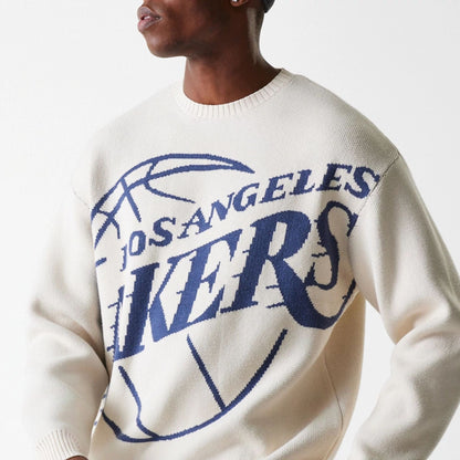 The Male model is wearing LA Lakers NBA Knit Light Beige Oversized Knit Sweater 6