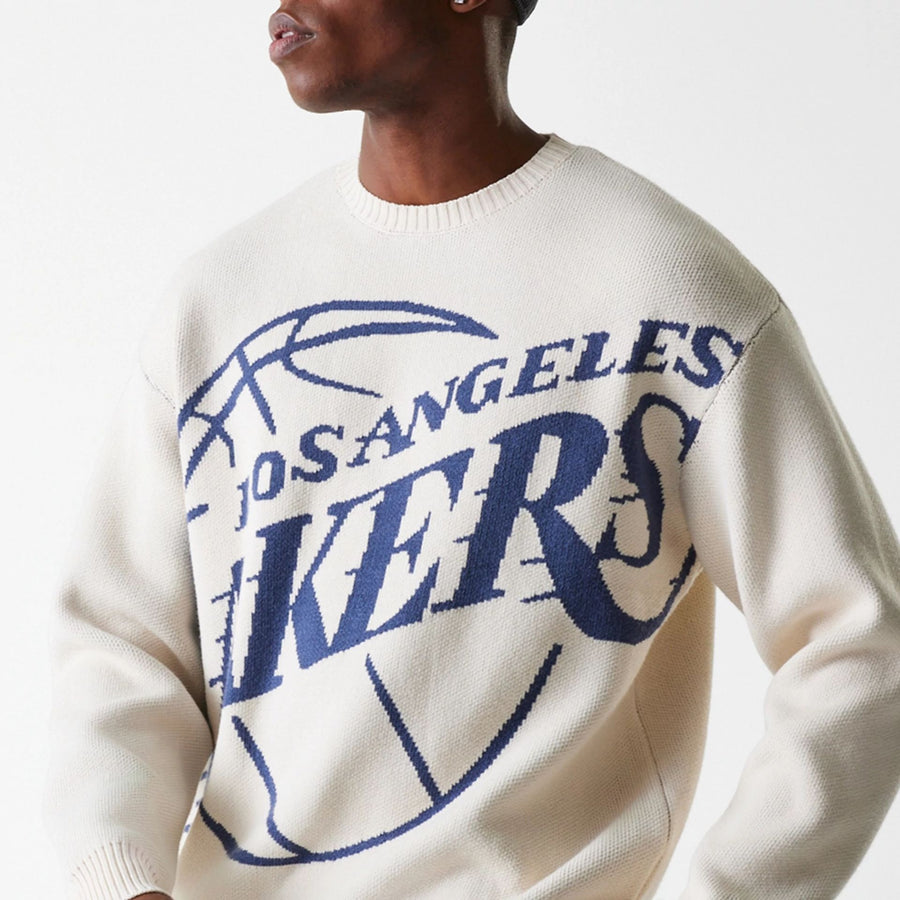 The Male model is wearing LA Lakers NBA Knit Light Beige Oversized Knit Sweater 6