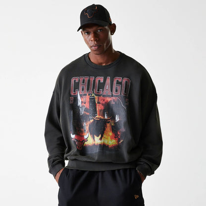 The Male model is wearing Chicago Bulls NBA Washed Graphic Grey Oversized Crew Neck Sweater 3