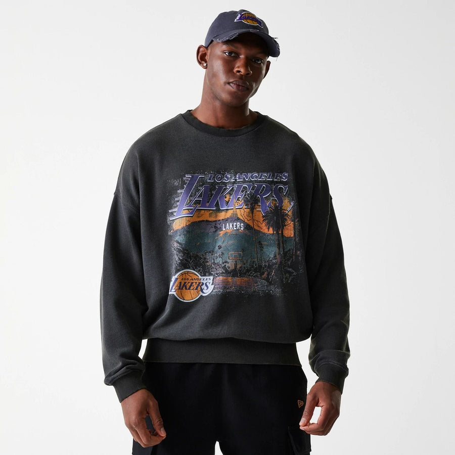 The Male model is wearing LA Lakers NBA Washed Graphic Grey Oversized Crew Neck Sweater 3