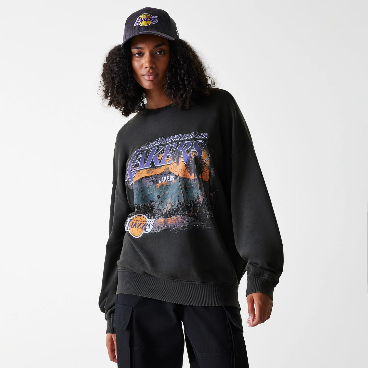 NBA Washed Graphic LA Lakers Grey Oversized Crew Neck Sweater | NEC EU