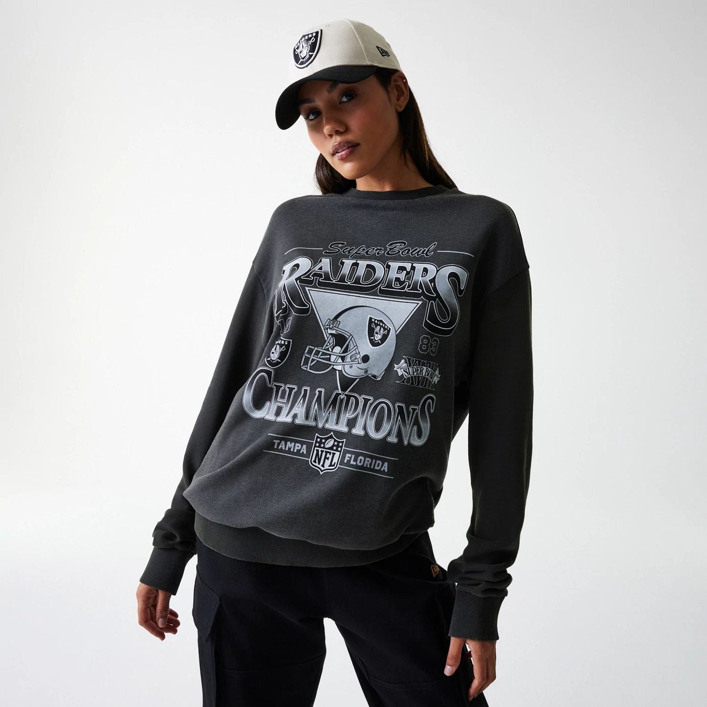 The Male model is wearing Las Vegas Raiders NFL Washed Super Bowl Grey Oversized Crew Neck Sweater 4