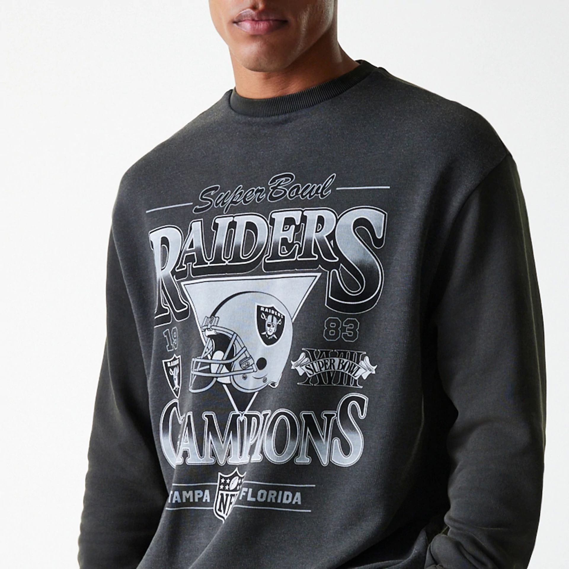 The Male model is wearing Las Vegas Raiders NFL Washed Super Bowl Grey Oversized Crew Neck Sweater 5