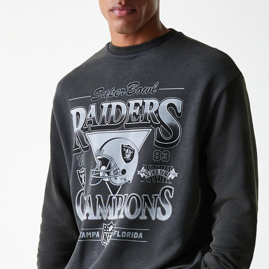 The Male model is wearing Las Vegas Raiders NFL Washed Super Bowl Grey Oversized Crew Neck Sweater 5