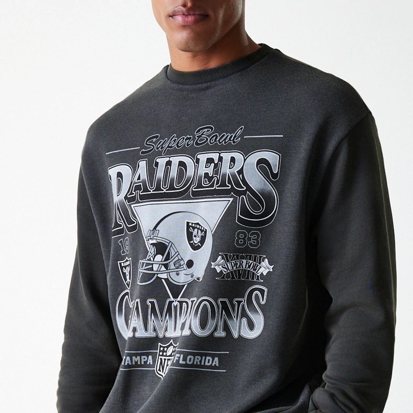 The Male model is wearing Las Vegas Raiders NFL Washed Super Bowl Grey Oversized Crew Neck Sweater 5