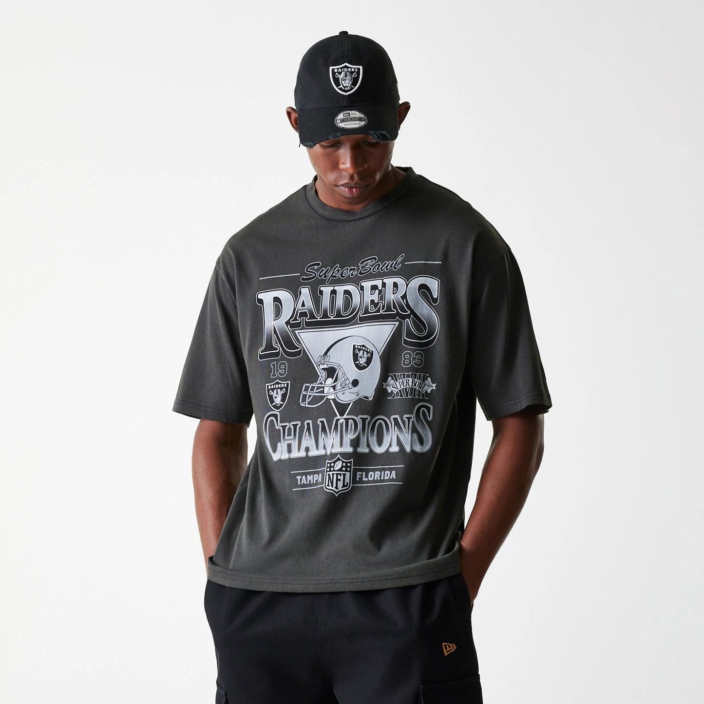 The Male model is wearing Las Vegas Raiders NFL Washed Super Bowl Grey Oversized T-Shirt 3