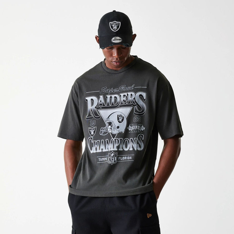 The Male model is wearing Las Vegas Raiders NFL Washed Super Bowl Grey Oversized T-Shirt 3