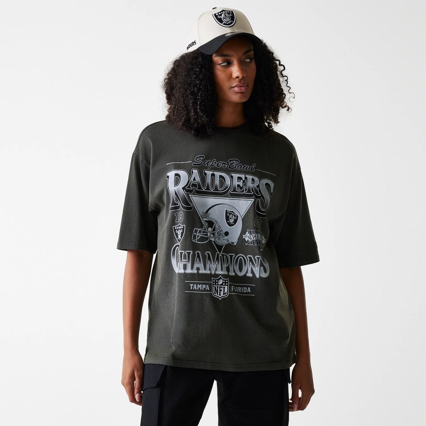 The Male model is wearing Las Vegas Raiders NFL Washed Super Bowl Grey Oversized T-Shirt 4