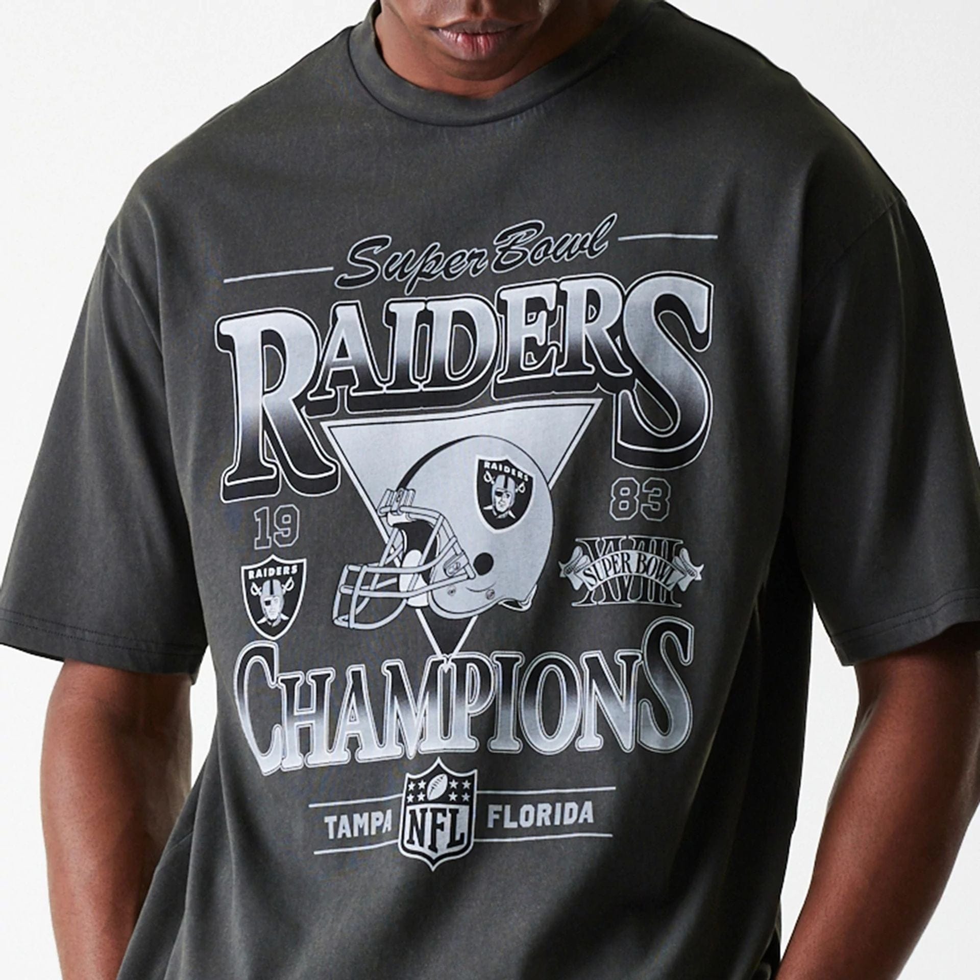 The Male model is wearing Las Vegas Raiders NFL Washed Super Bowl Grey Oversized T-Shirt 5