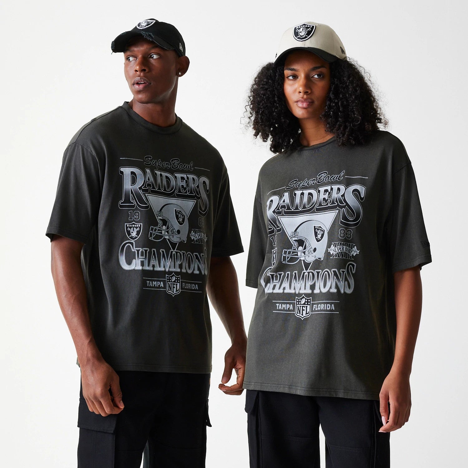 The Male model is wearing Las Vegas Raiders NFL Washed Super Bowl Grey Oversized T-Shirt 1
