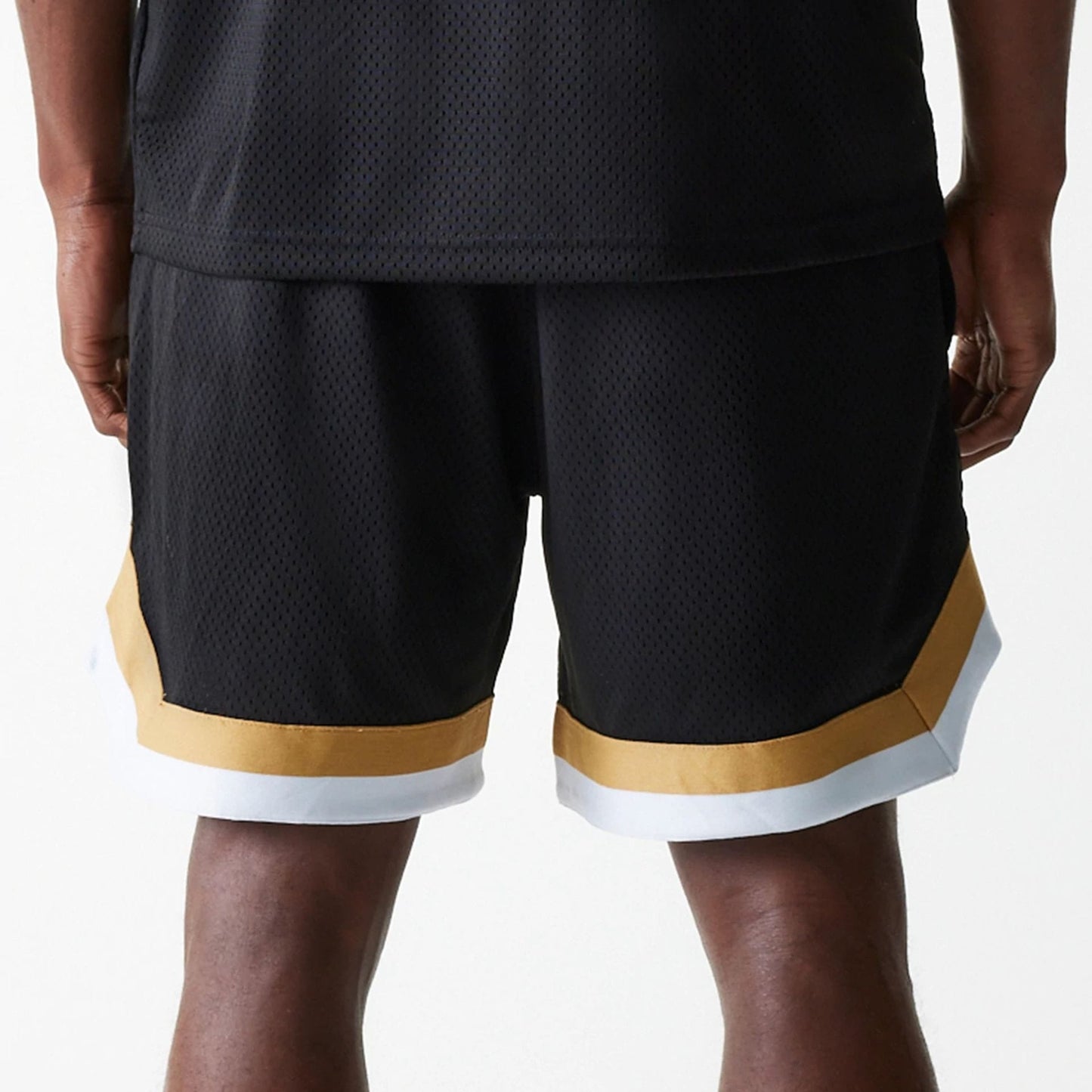 The Male model is wearing San Francisco 49ers NFL Mesh Black Shorts 6