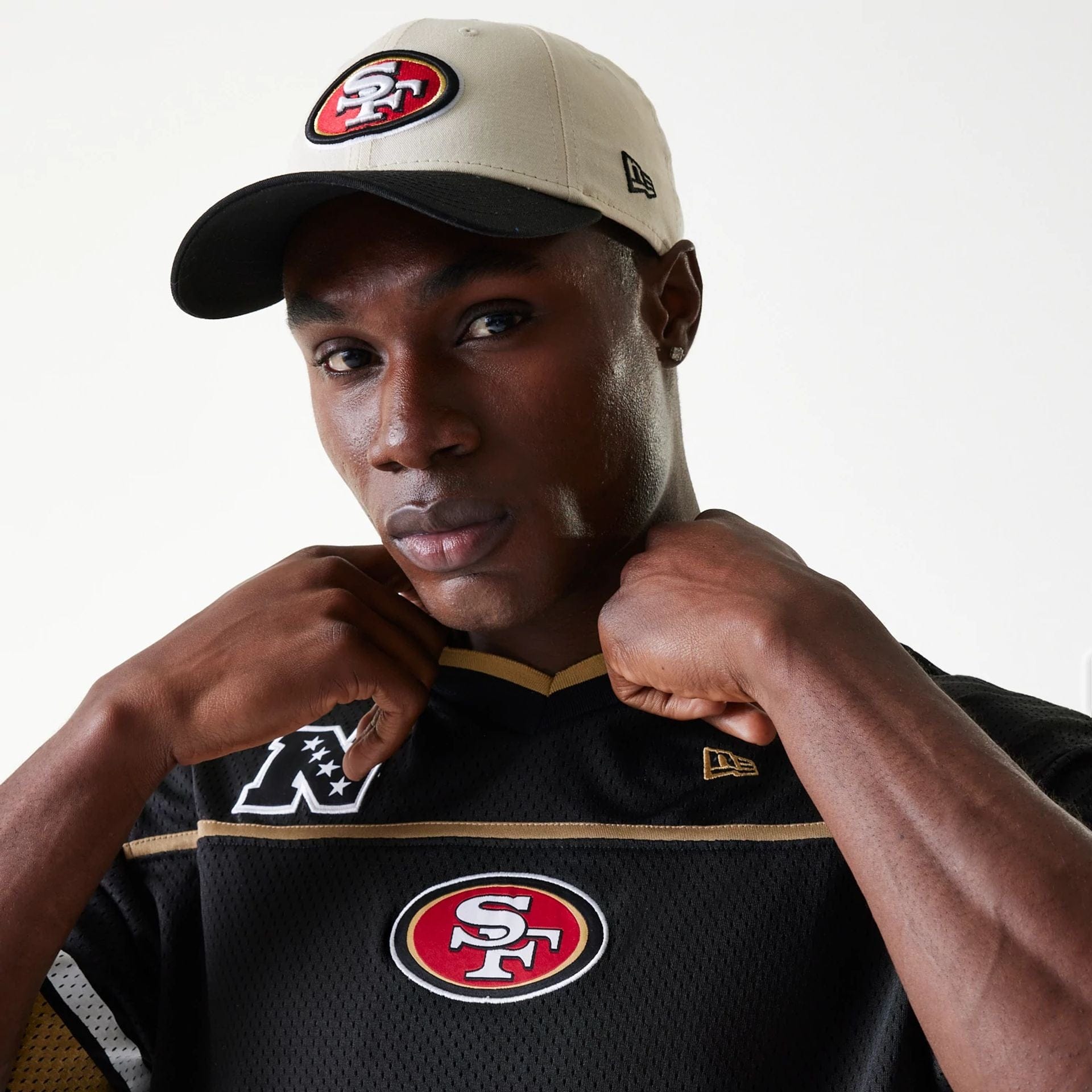 The Male model is wearing San Francisco 49ers NFL Mesh Black Jersey 6