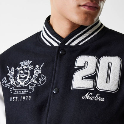 The Male model is wearing New Era Patch Black Varsity Jacket 5
