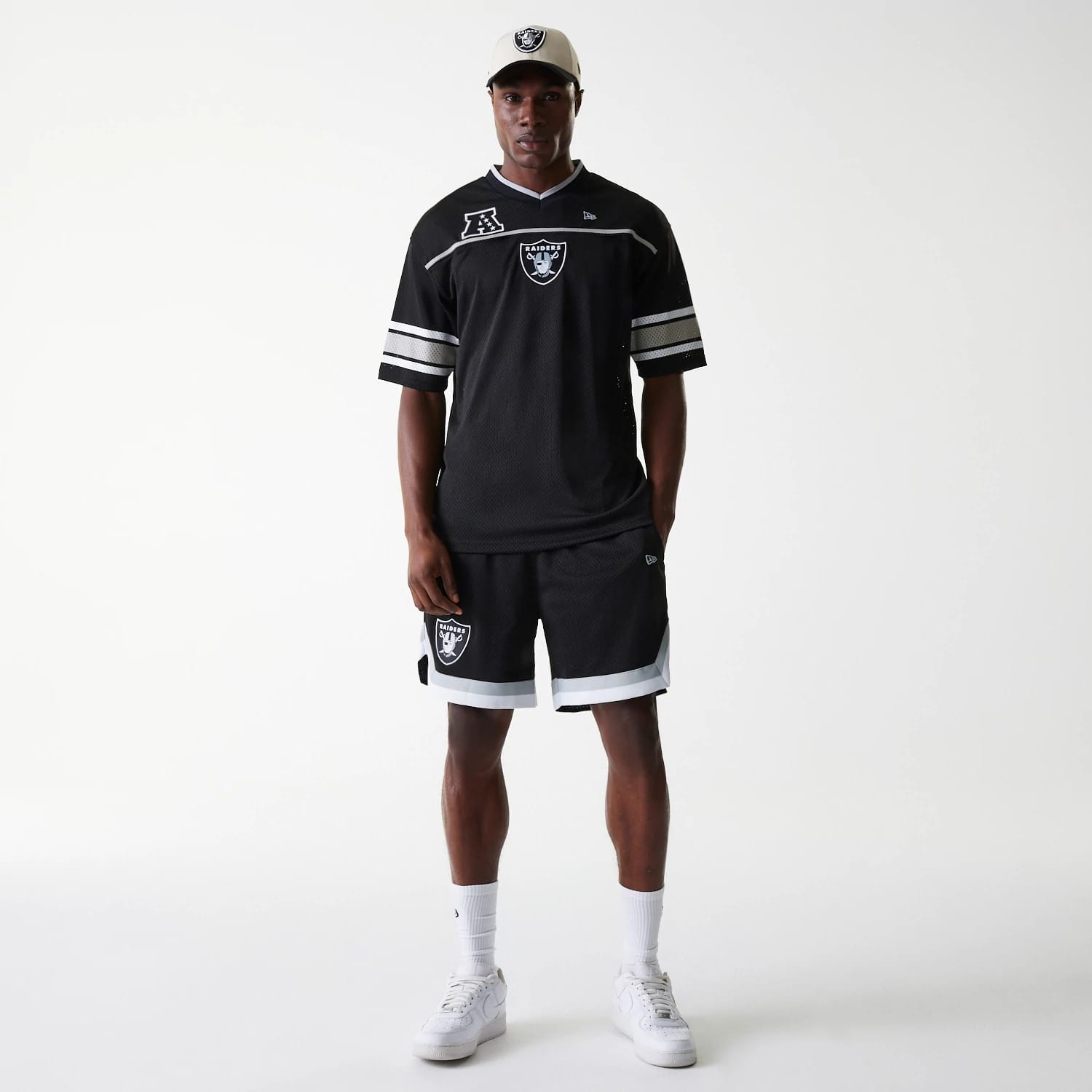 The Male model is wearing Las Vegas Raiders NFL Mesh Black Jersey 8