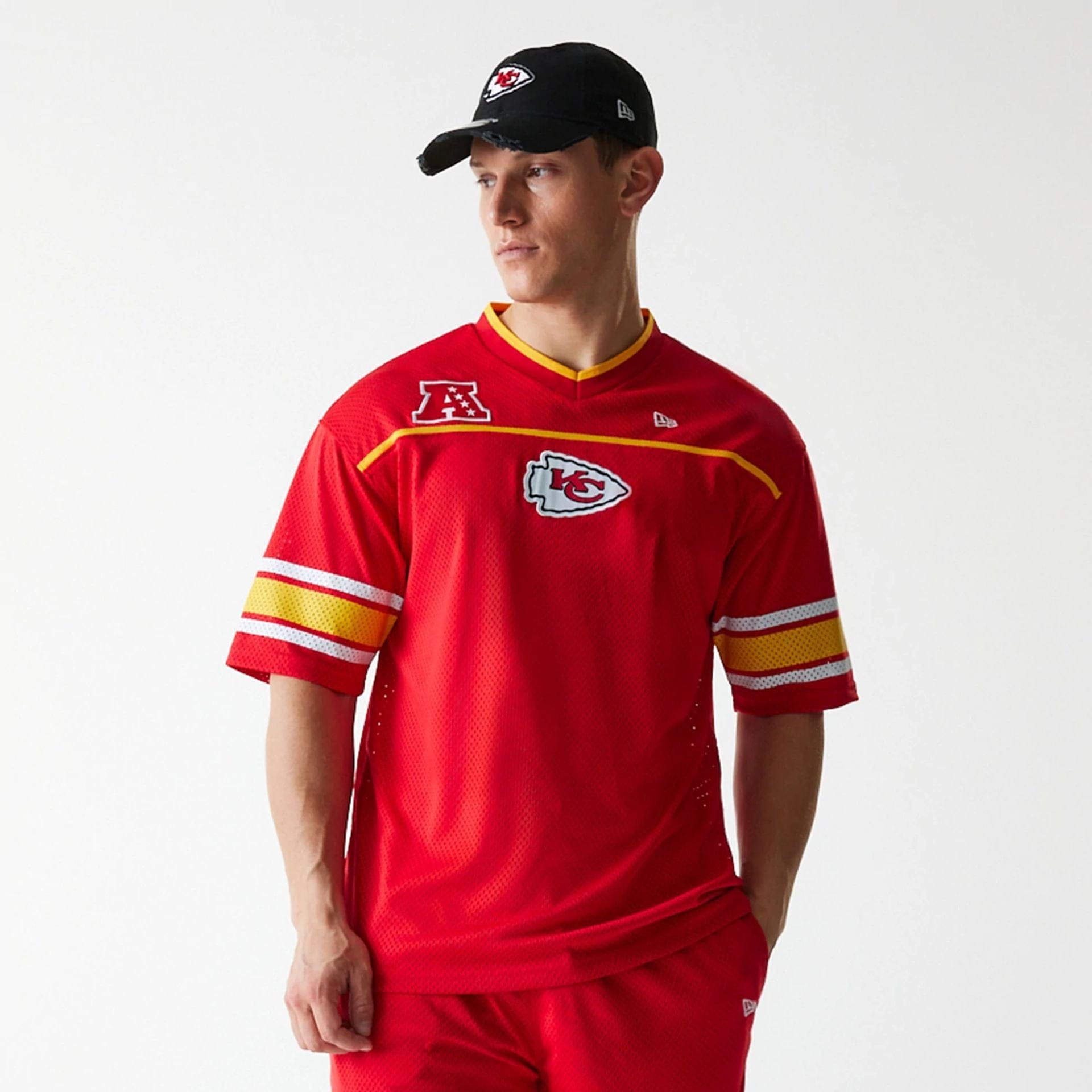 The Male model is wearing Kansas City Chiefs NFL Mesh Red Jersey 3
