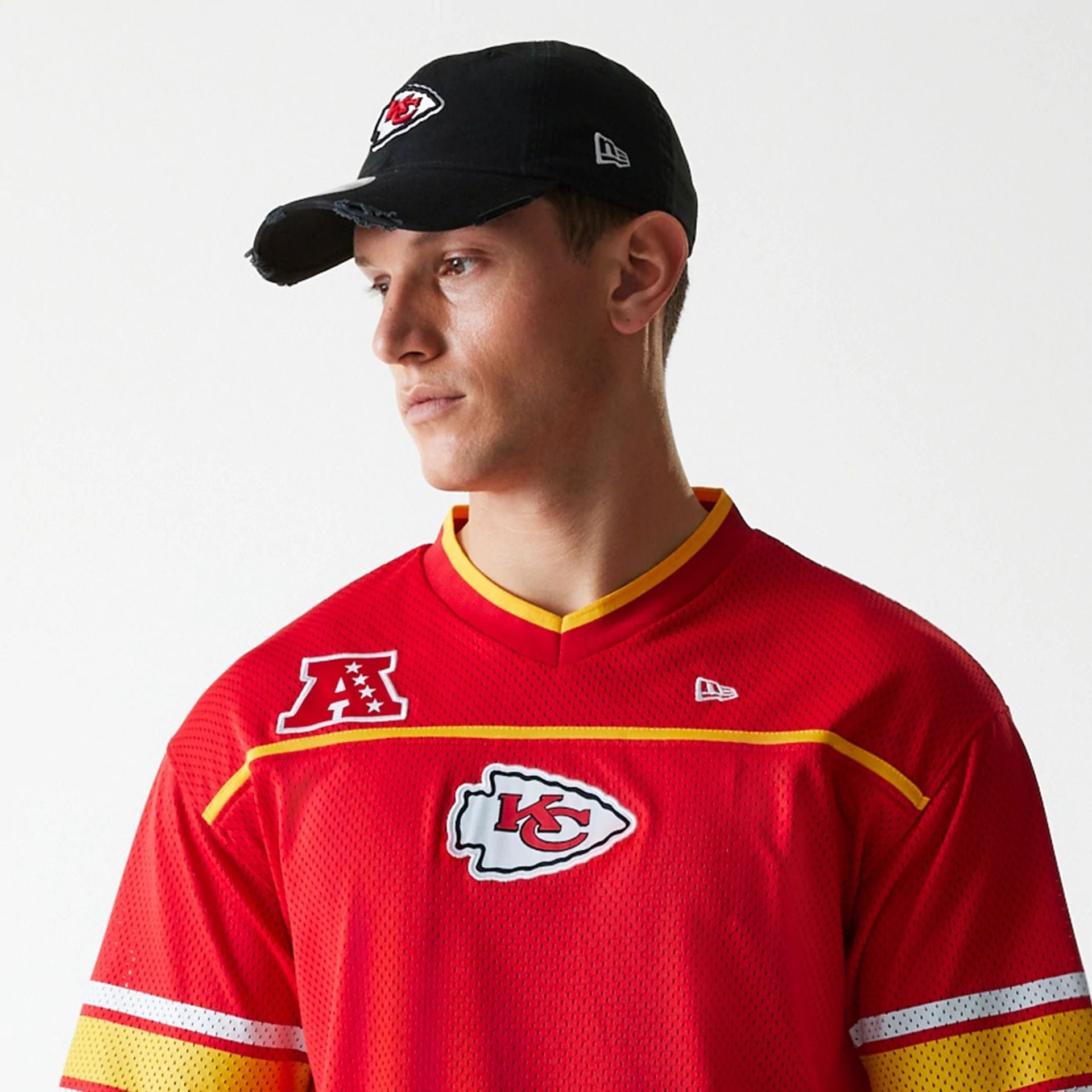 The Male model is wearing Kansas City Chiefs NFL Mesh Red Jersey 5