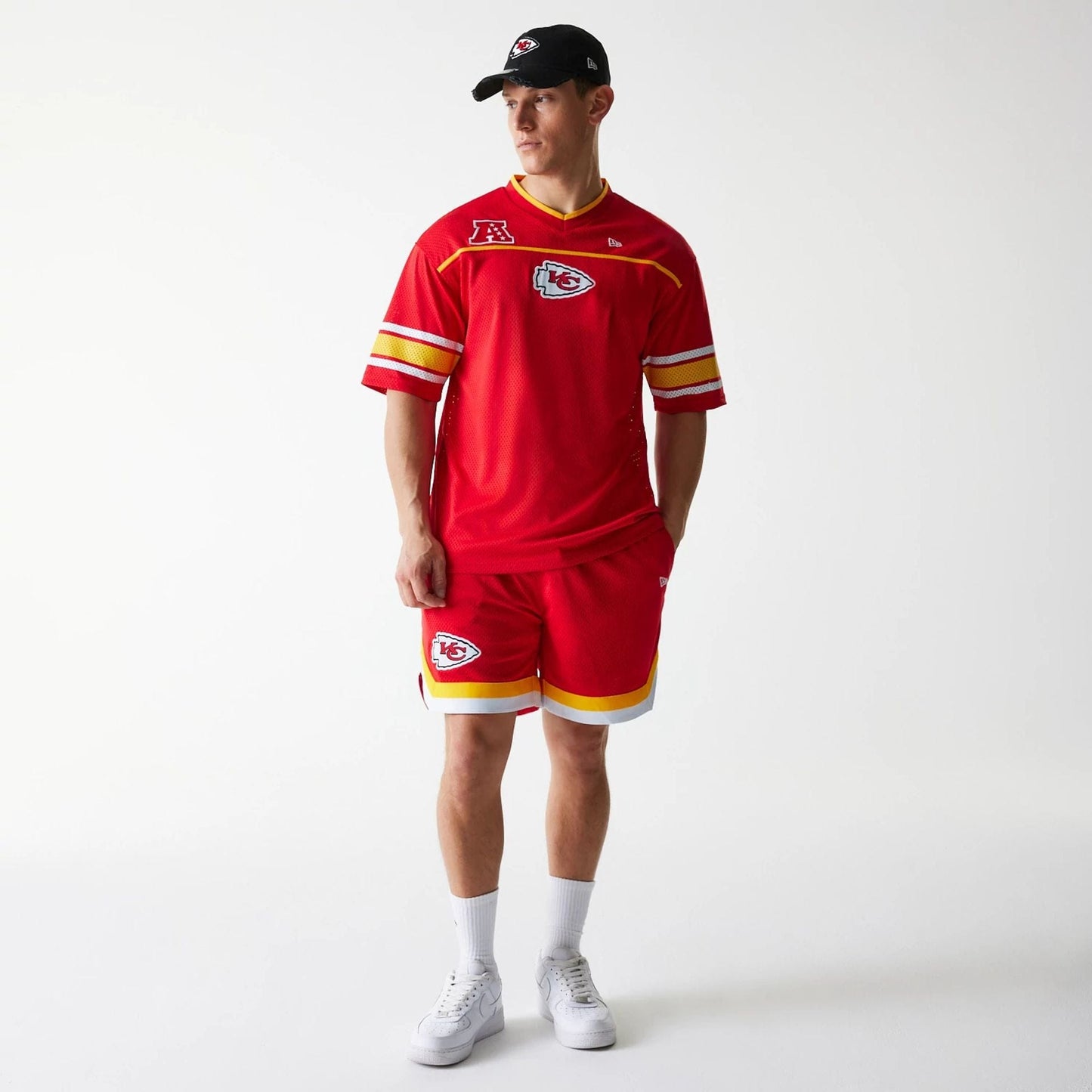 The Male model is wearing Kansas City Chiefs NFL Mesh Red Jersey 8
