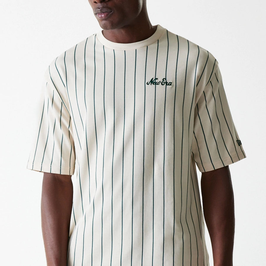 The Male model is wearing New Era Pinstripe Light Beige Oversized T-Shirt 3