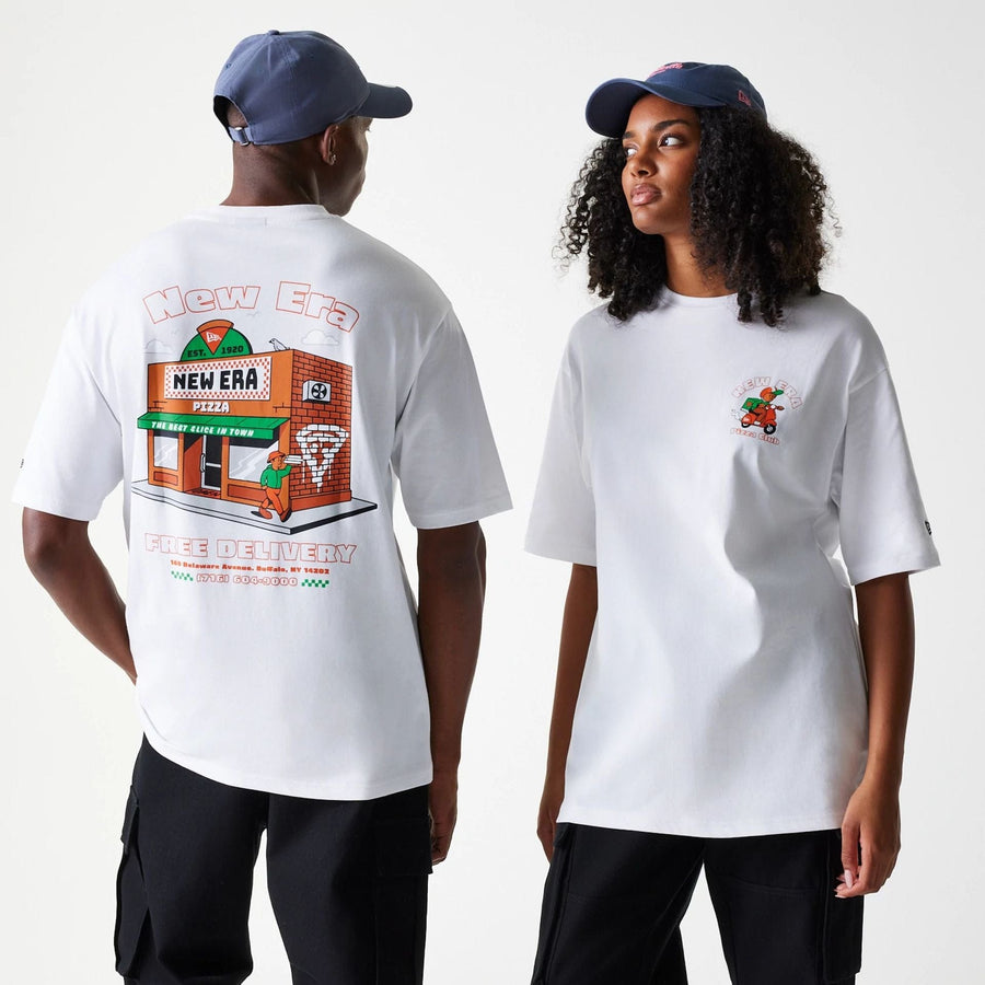 The Male model is wearing New Era Pizza Club Graphic White Oversized T-Shirt 1