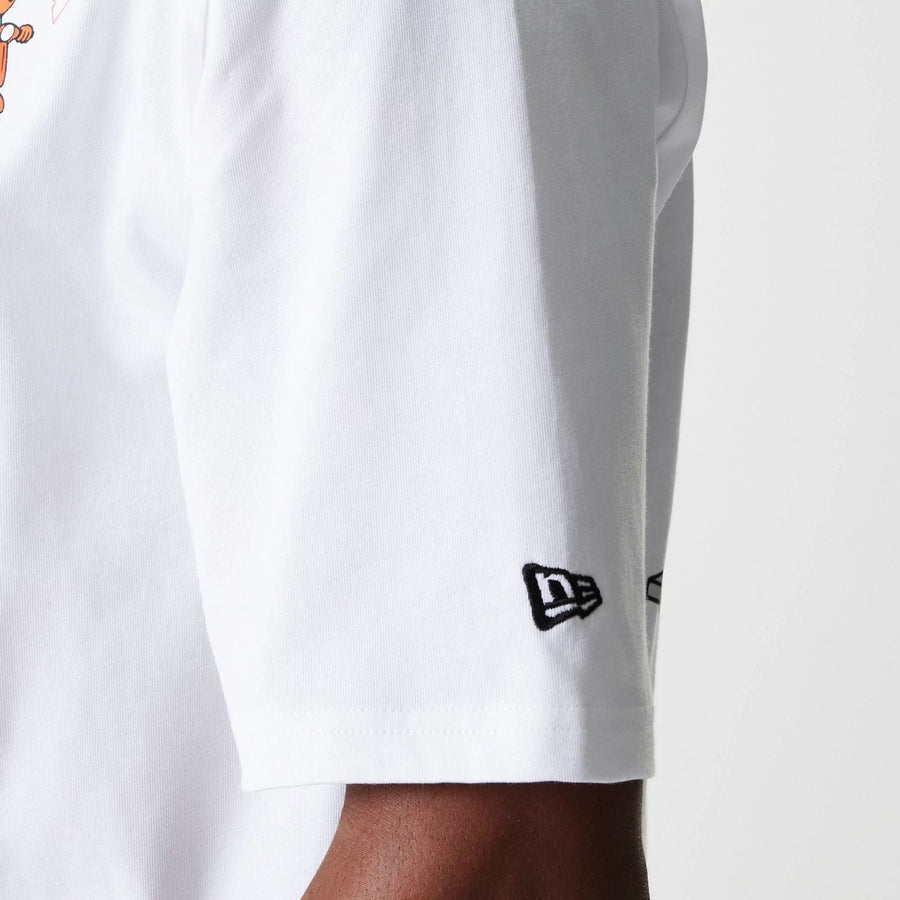 The Male model is wearing New Era Pizza Club Graphic White Oversized T-Shirt 8