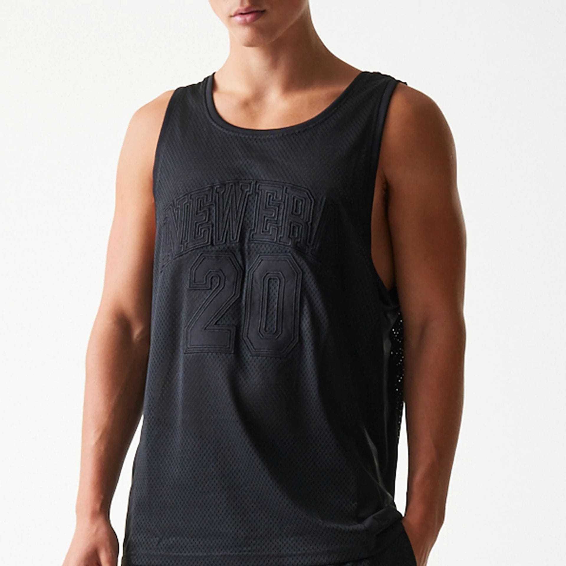 The Male model is wearing New Era Mesh Black Mesh Vest 5