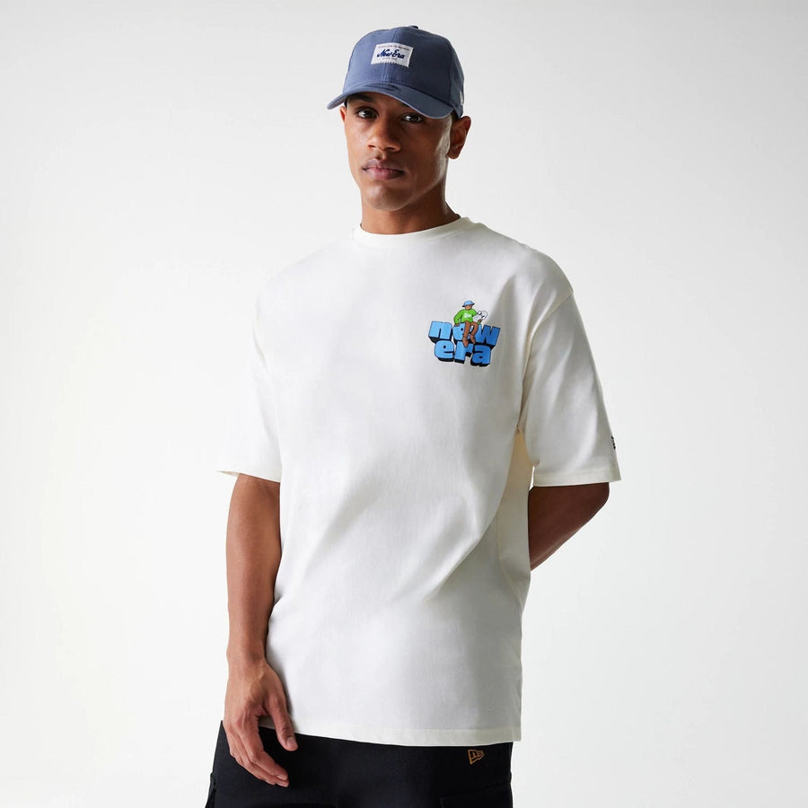 The Male model is wearing New Era Skate Graphic Open White Oversized T-Shirt 3