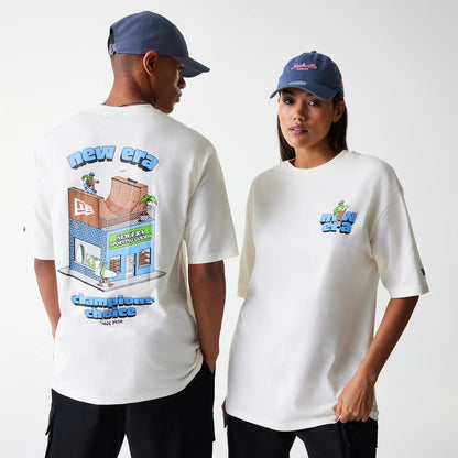 The Male model is wearing New Era Skate Graphic Open White Oversized T-Shirt 1