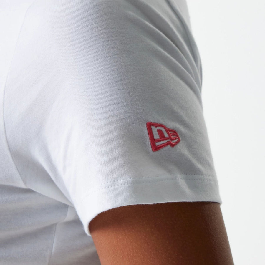 The Female model is wearing New York Yankees Womens MLB Midi League Essential White T-Shirt 5