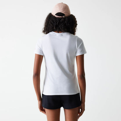 The Female model is wearing New York Yankees Womens MLB Midi League Essential White T-Shirt 2