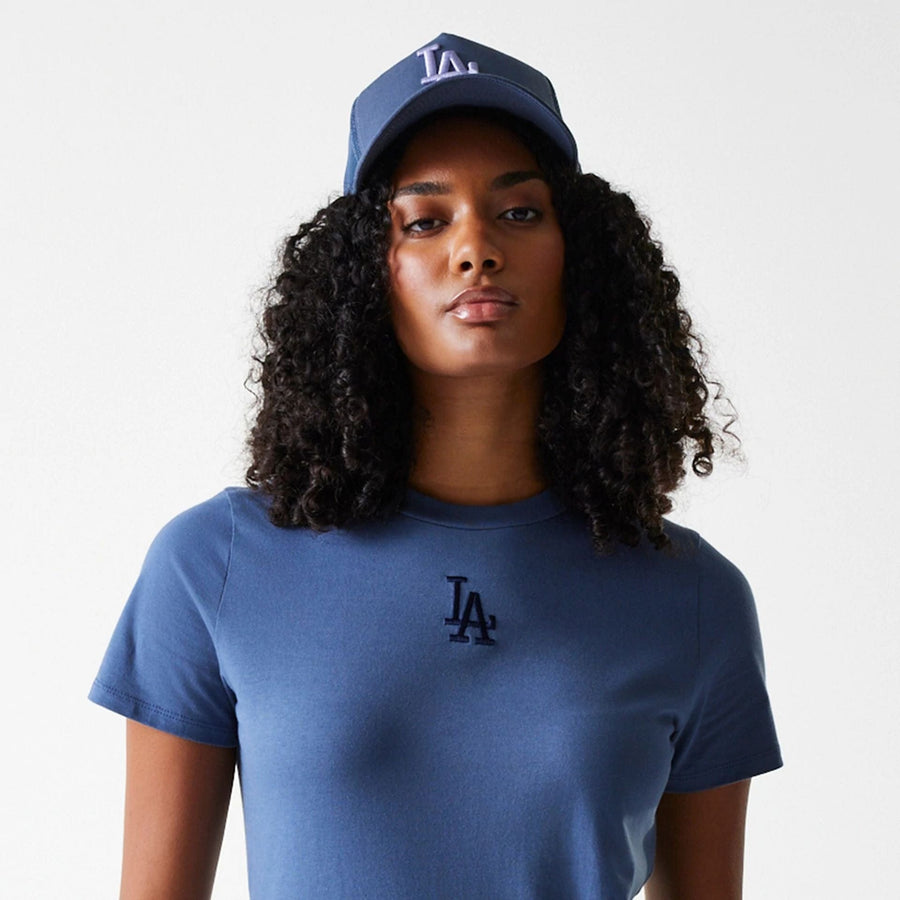 The Female model is wearing LA Dodgers Womens MLB Midi League Essential Dark Blue T-Shirt 6
