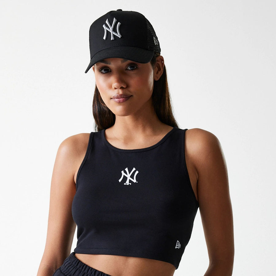 The Female model is wearing New York Yankees Womens MLB Midi League Essential Black Crop Tank Top 6