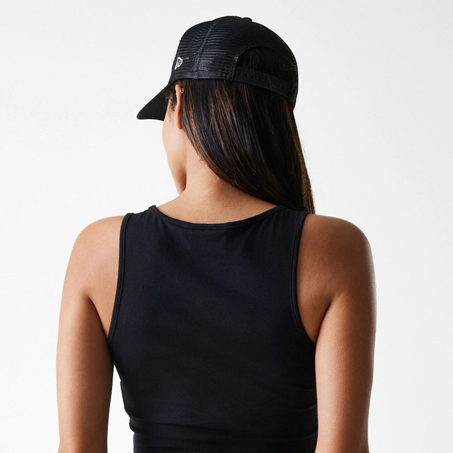 The Female model is wearing New York Yankees Womens MLB Midi League Essential Black Crop Tank Top 7