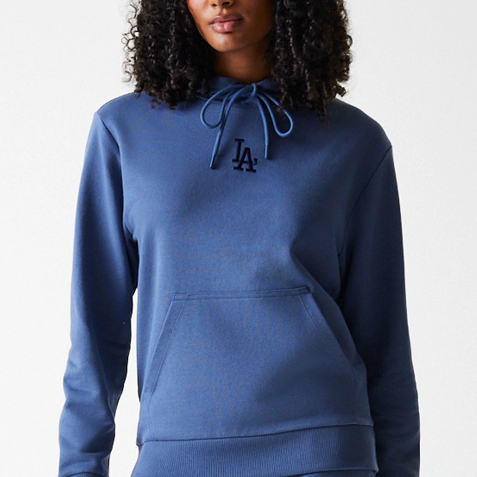 The Female model is wearing LA Dodgers Womens MLB Midi League Essential Dark Blue Pullover Hoodie 3