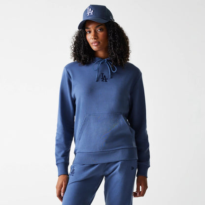 The Female model is wearing LA Dodgers Womens MLB Midi League Essential Dark Blue Pullover Hoodie 1