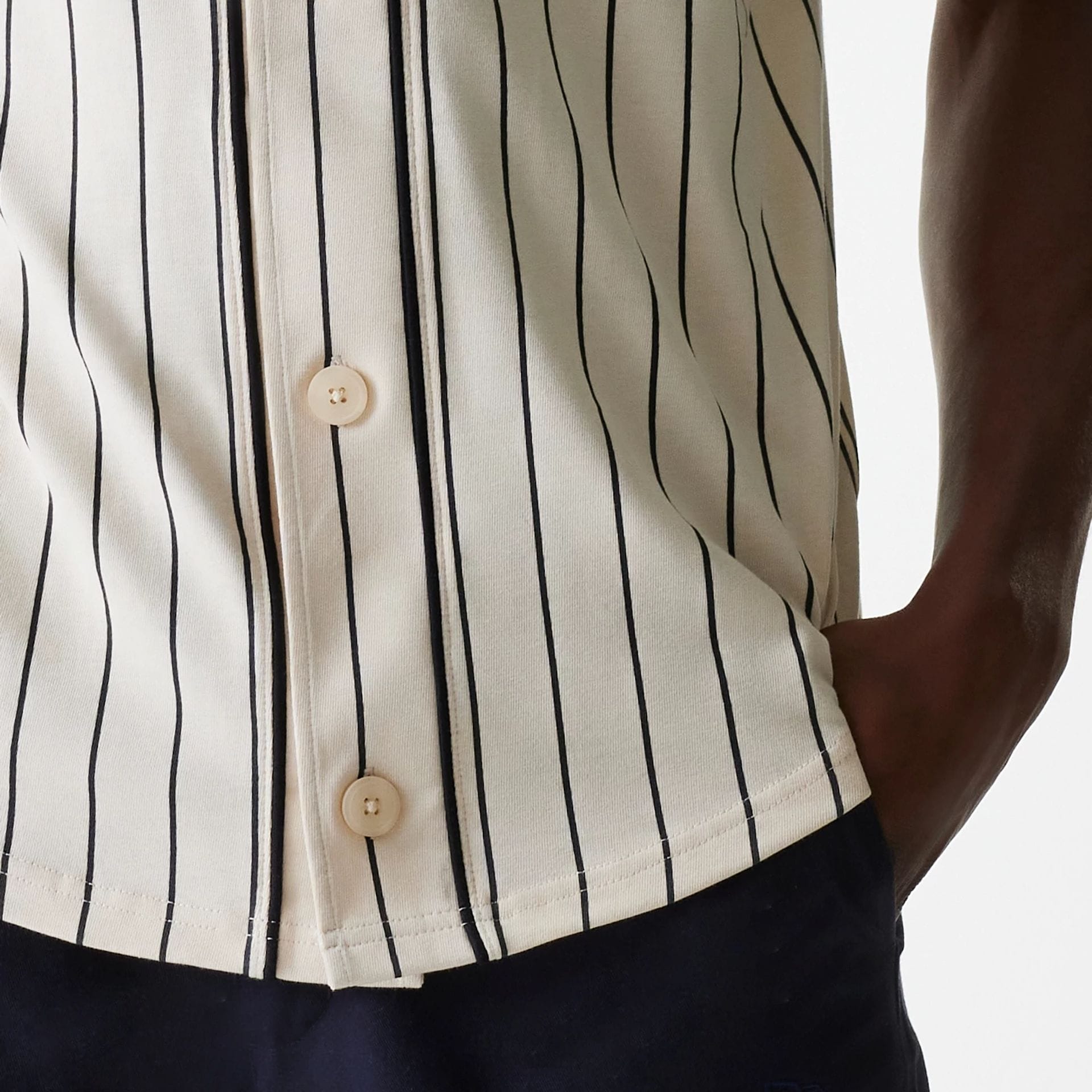 The Male model is wearing New Era Pinstripe Light Beige Jersey 6