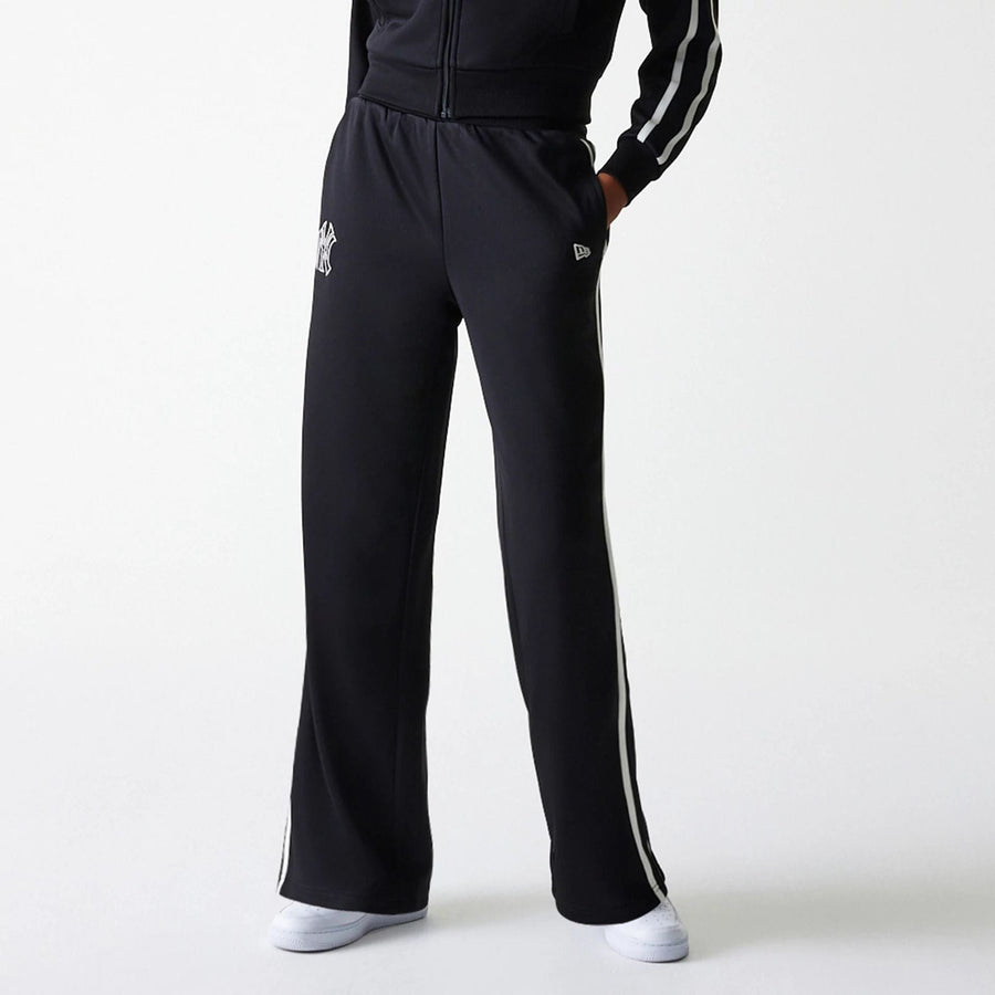 The Female model is wearing New York Yankees Womens MLB Midi Logo Black Track Pants 6