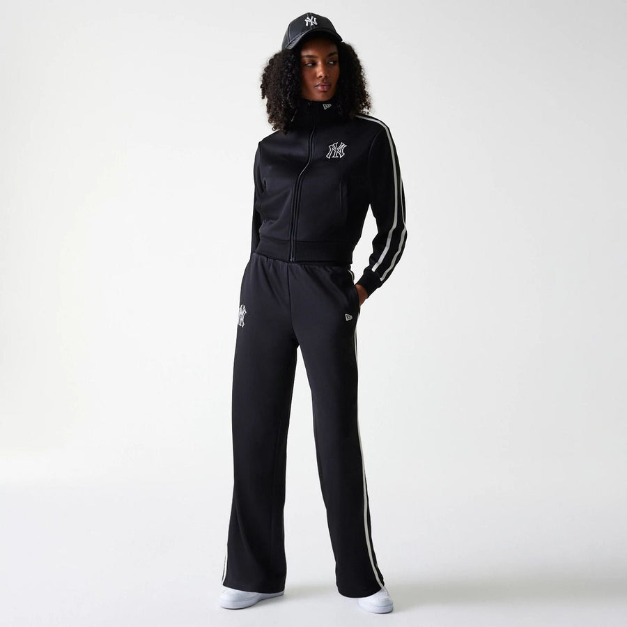 The Female model is wearing New York Yankees Womens MLB Midi Logo Black Track Pants 8