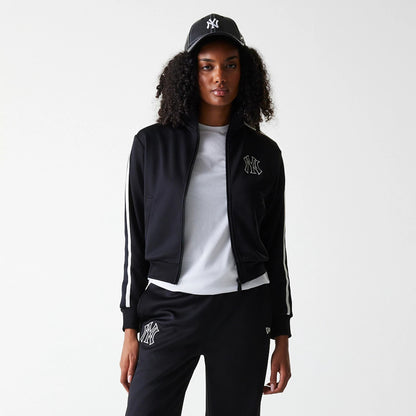 The Female model is wearing New York Yankees Womens MLB Midi Logo Black Track Jacket 3