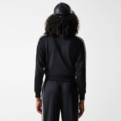 New Era New York Yankees Womens MLB Midi Logo Black Track Jacket, rear view showing the black track jacket with white stripes along the sleeves worn by a model, paired with matching black trousers and a black cap.