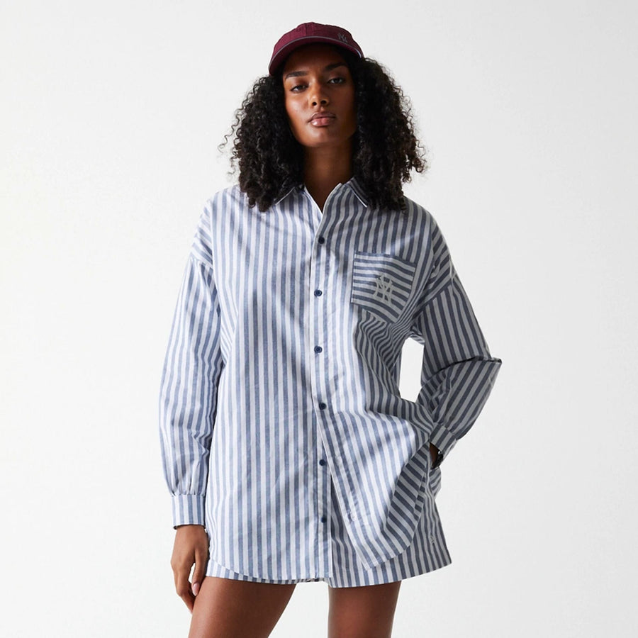 The Female model is wearing New York Yankees Womens MLB Stripe Dark Blue Long Sleeve Shirt 3