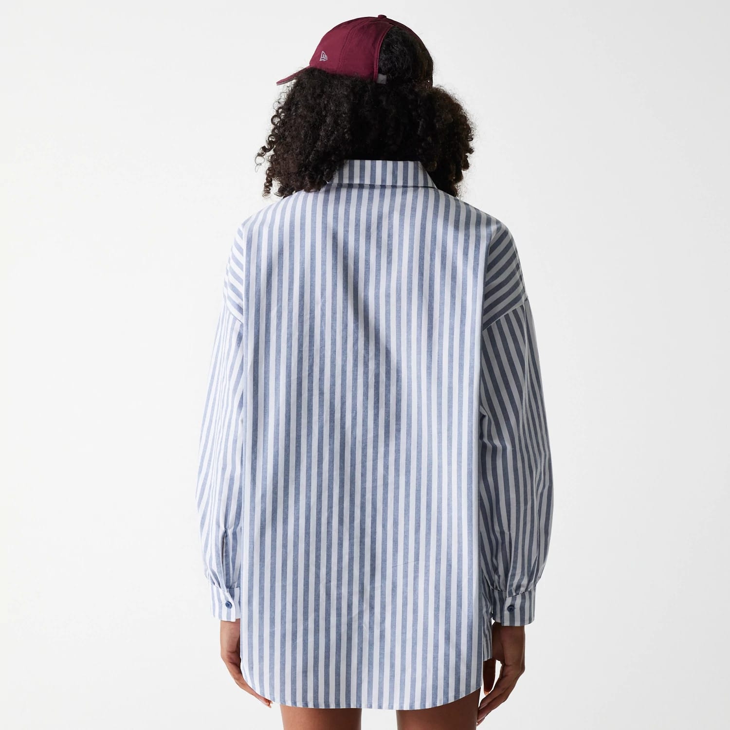 The Female model is wearing New York Yankees Womens MLB Stripe Dark Blue Long Sleeve Shirt 2