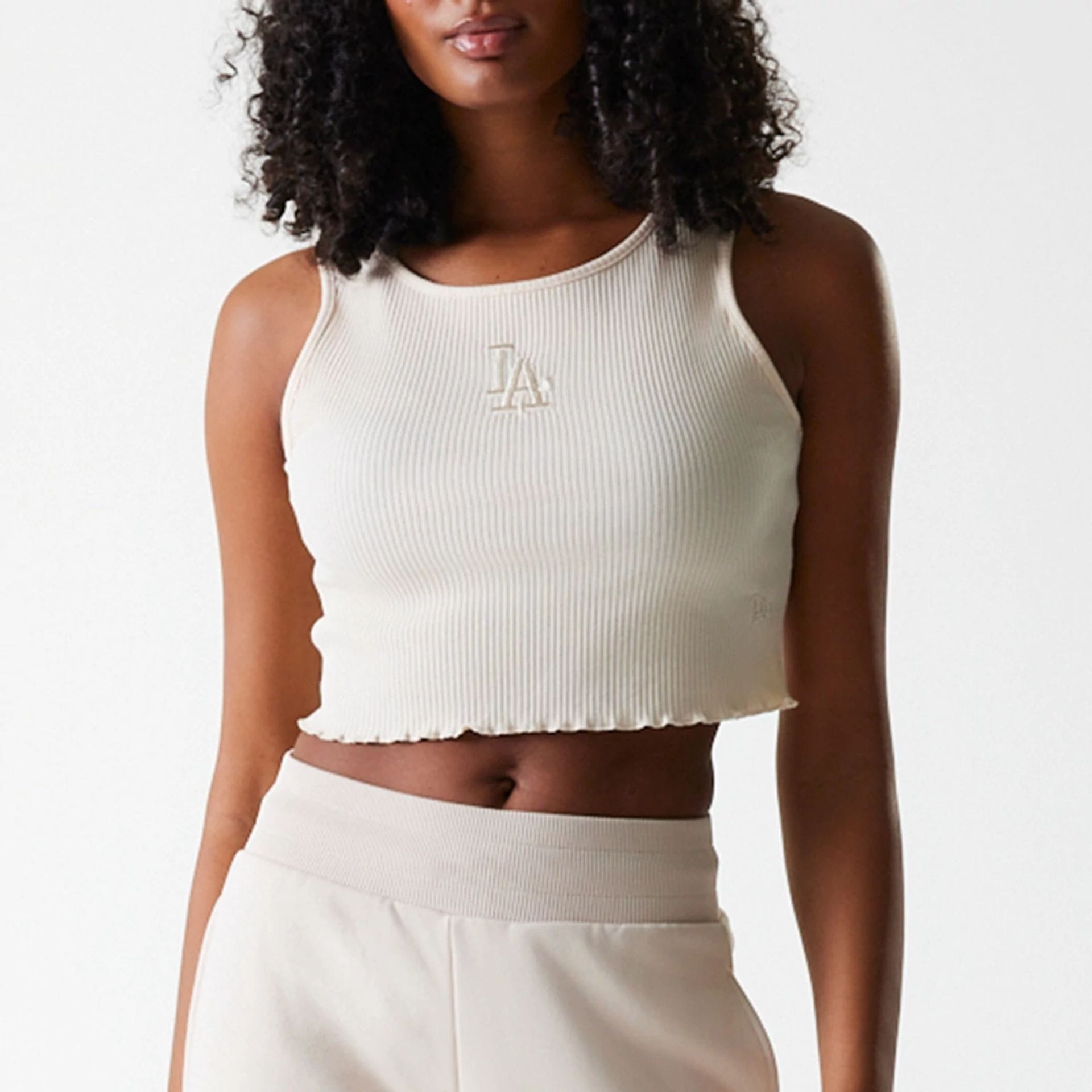 The Female model is wearing LA Dodgers Womens MLB Rib Light Beige Rib Tank Top 5