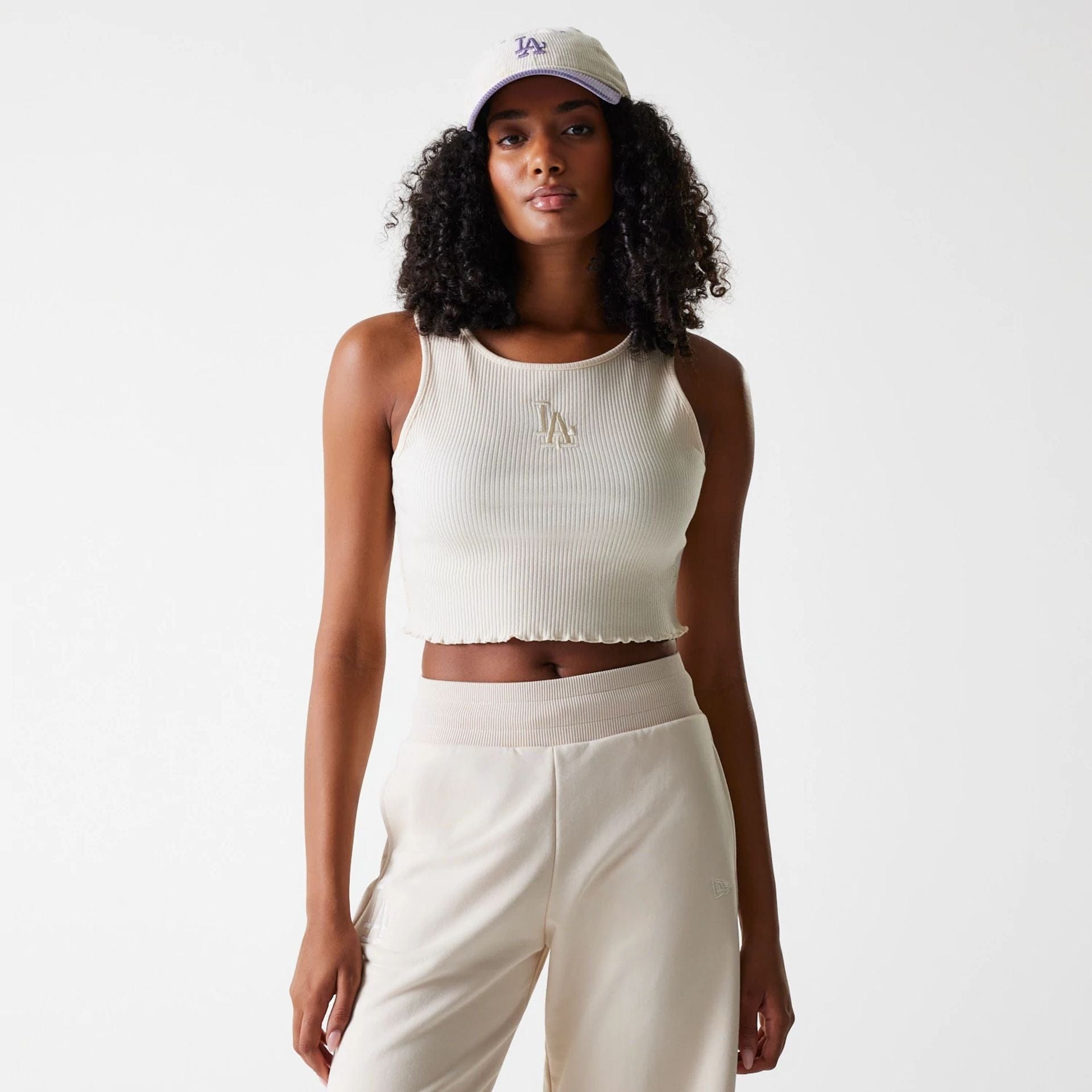 The Female model is wearing LA Dodgers Womens MLB Rib Light Beige Rib Tank Top 1