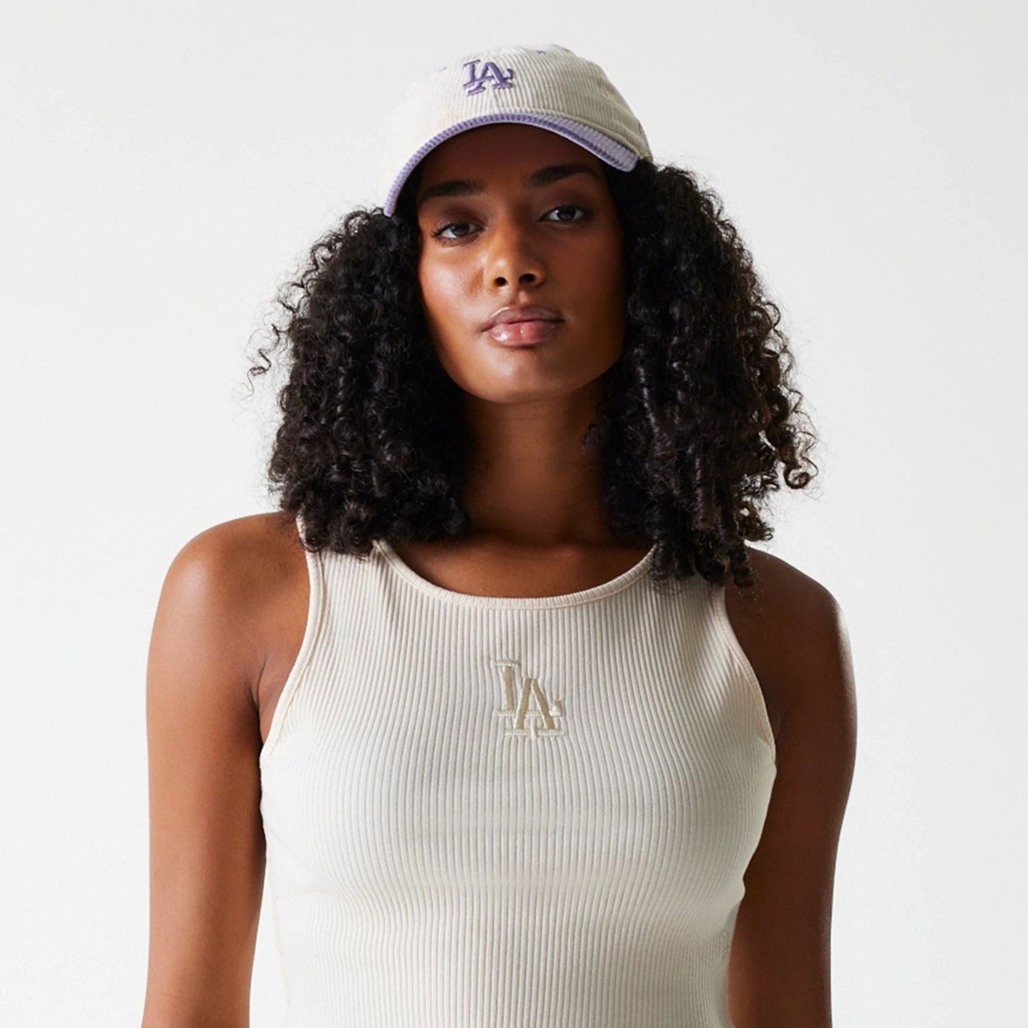 The Female model is wearing LA Dodgers Womens MLB Rib Light Beige Rib Tank Top 3