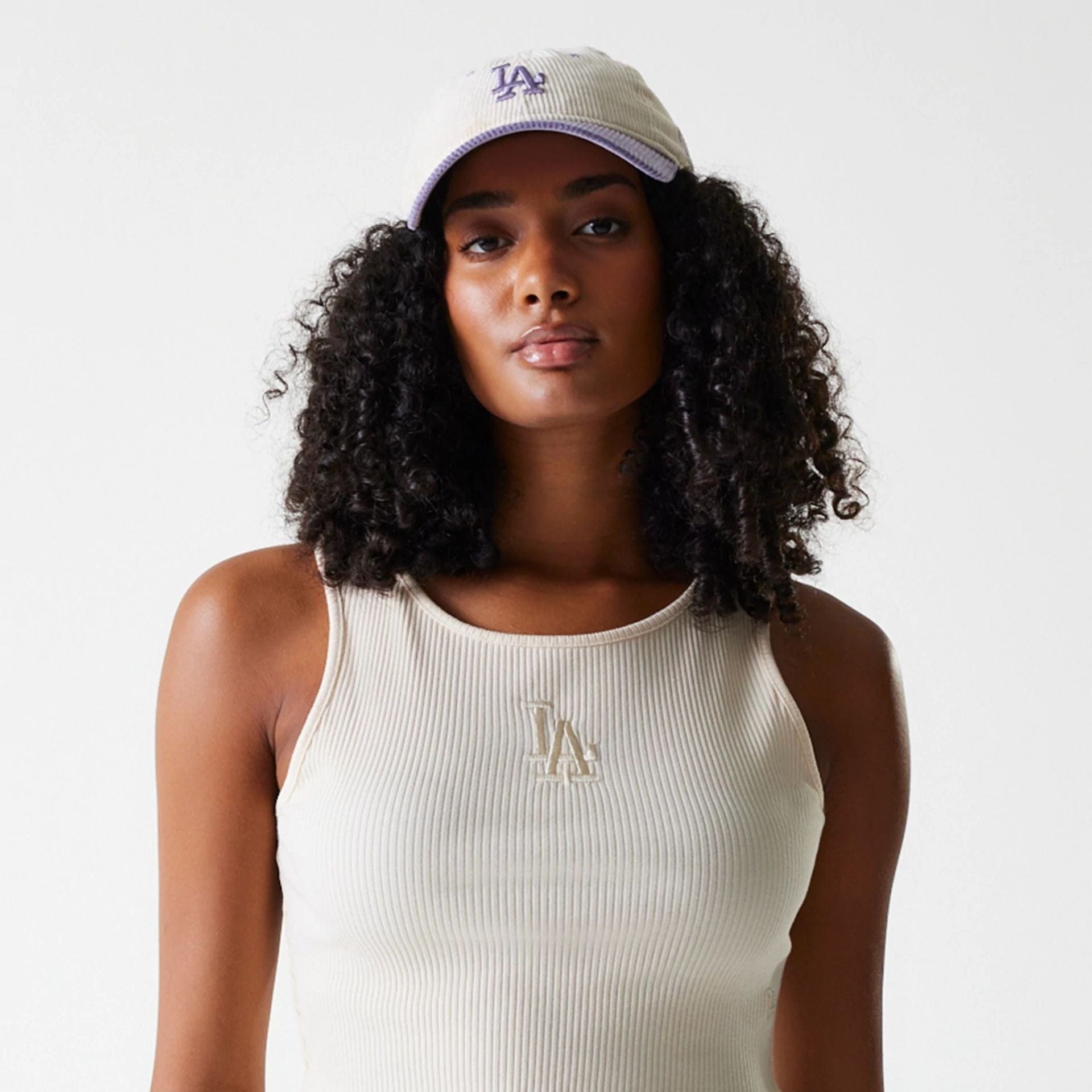 The Female model is wearing LA Dodgers Womens MLB Rib Light Beige Rib Tank Top 3