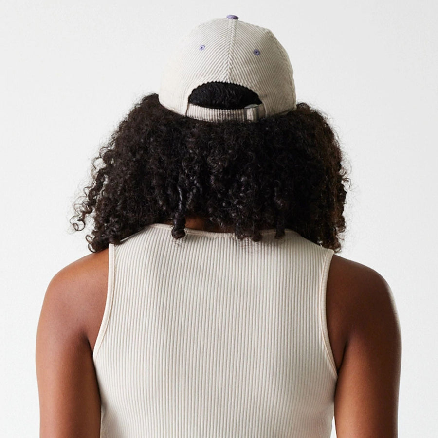 The Female model is wearing LA Dodgers Womens MLB Rib Light Beige Rib Tank Top 4