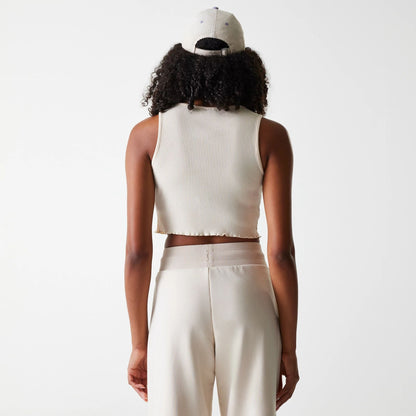 The Female model is wearing LA Dodgers Womens MLB Rib Light Beige Rib Tank Top 2