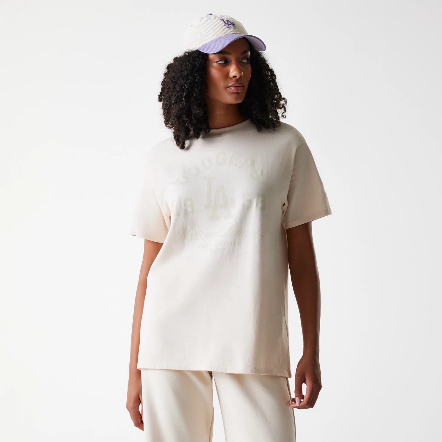 トップス _J.L-A.L_ x Sound Sports Baseball Tee Womens MLB Tonal Graphic LA Dodgers Light Beige Oversized T-Shirt
